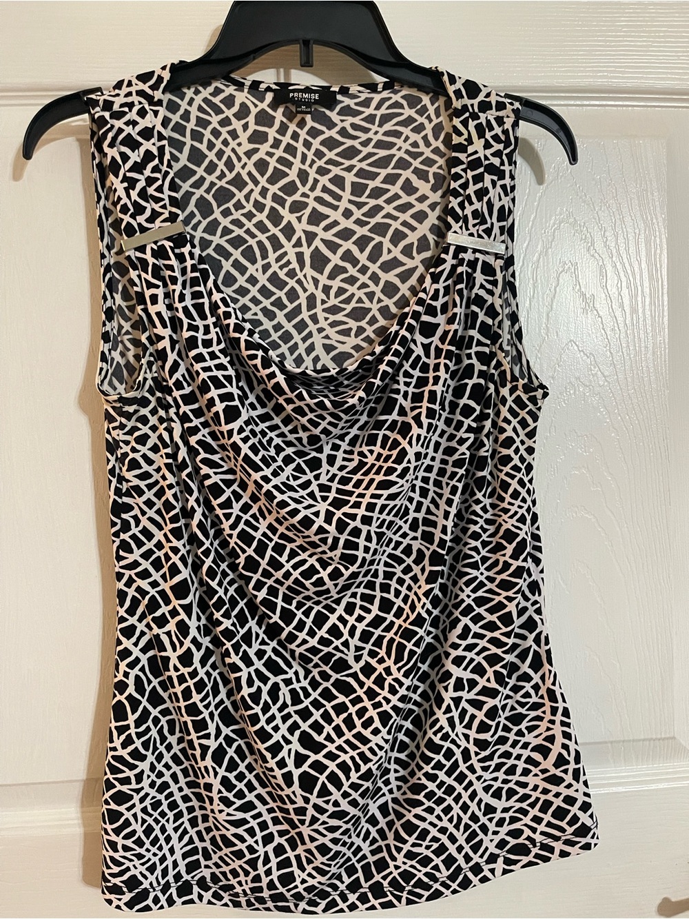 Premise Black and White Draped Cowl Neck Sleeveless Camisole